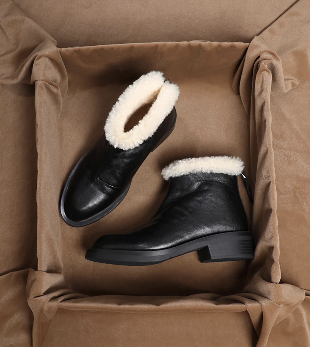 SHOEBOX Women's Leather and Fur Snow Boots with Thick Heel, 2026 Spring/Autumn, Thickened Fleece Lining, Genuine Leather