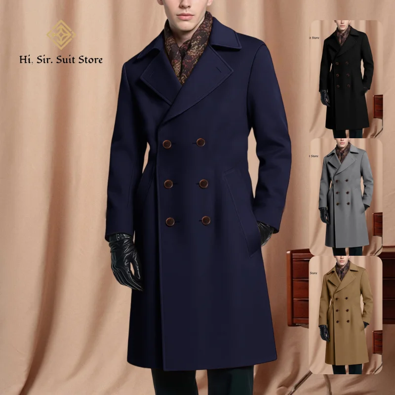 

Мужской двубортный плащ, повседневный воротник с лацканами, деловые зимние длинные пальто, классическая черная шерстяная серая ветровка