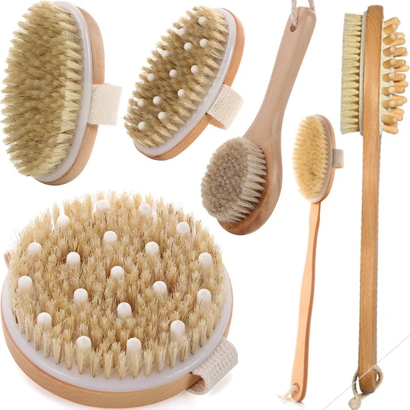 ​Boar Bristle Bath Brush, Body Exfoliating Scrubber & Massager, Round Wooden Back Shower Brush for Skin Care