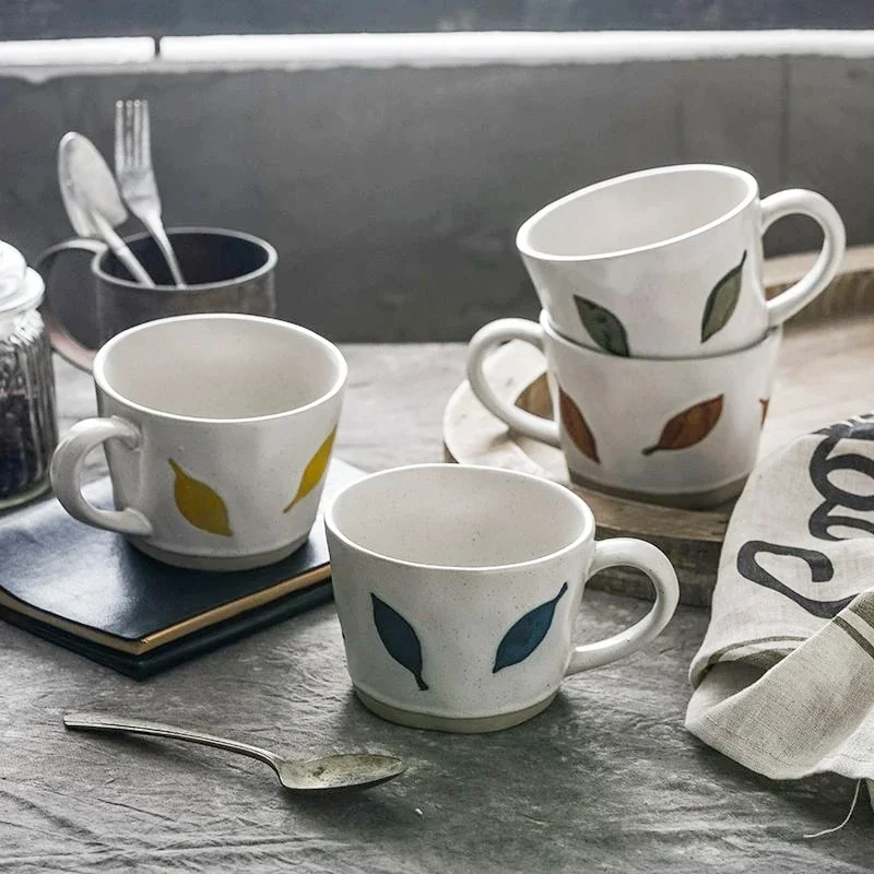 360ml Japanese Retro Ceramic Mug Heat-Resistant Breakfast Milk Cup With Handle Leaf Pattern Coffee Mug Teacup Microwave Safe