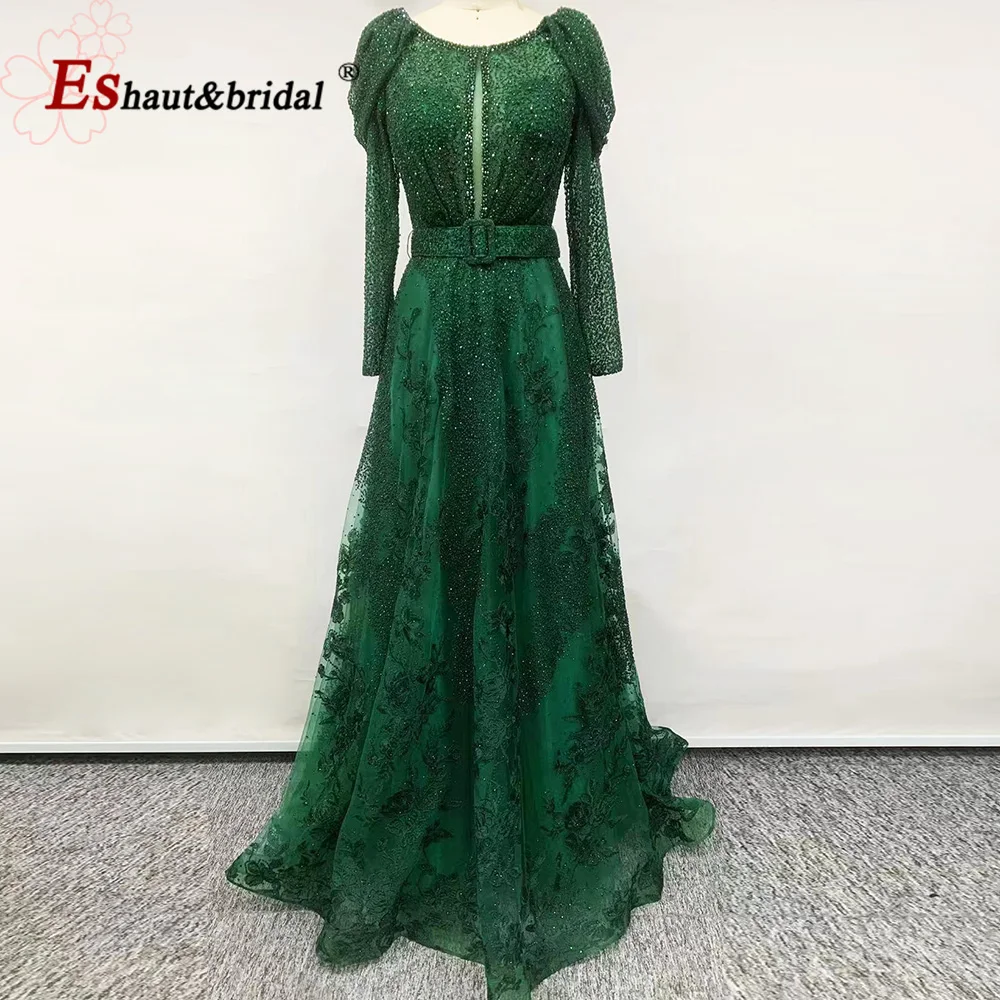 Vestido de noche musulmán elegante para mujer 2024 Aline cuello redondo manga larga encaje cristal Formal graduación vestidos de fiesta de boda personalizados