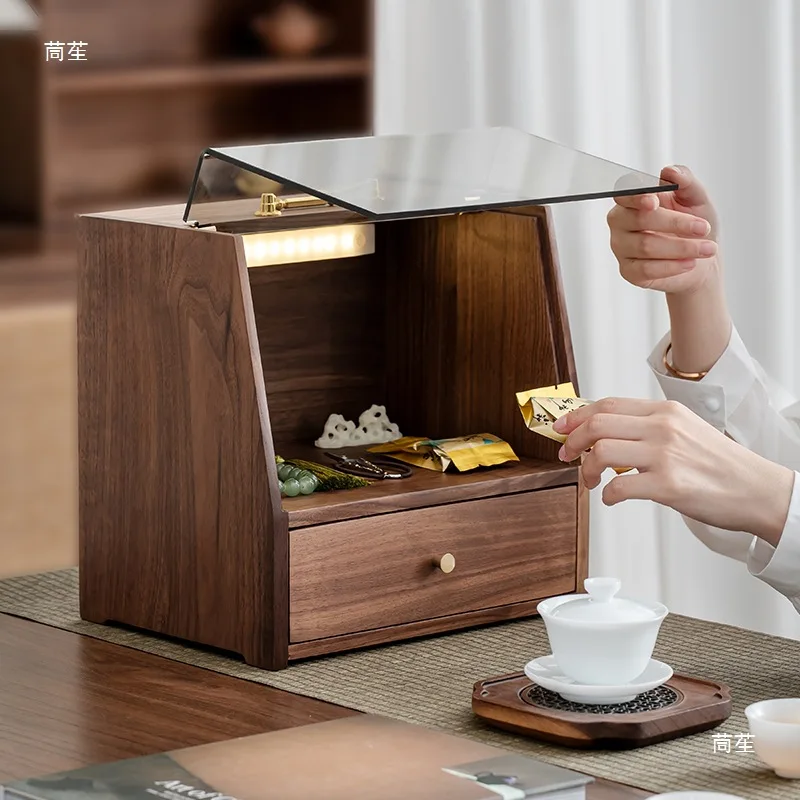 北米産ブラックウォールナット製ティーセット棚、ジュエリー・化粧品収納ボックス、透明防塵無垢材デスクトップ整理ボックス