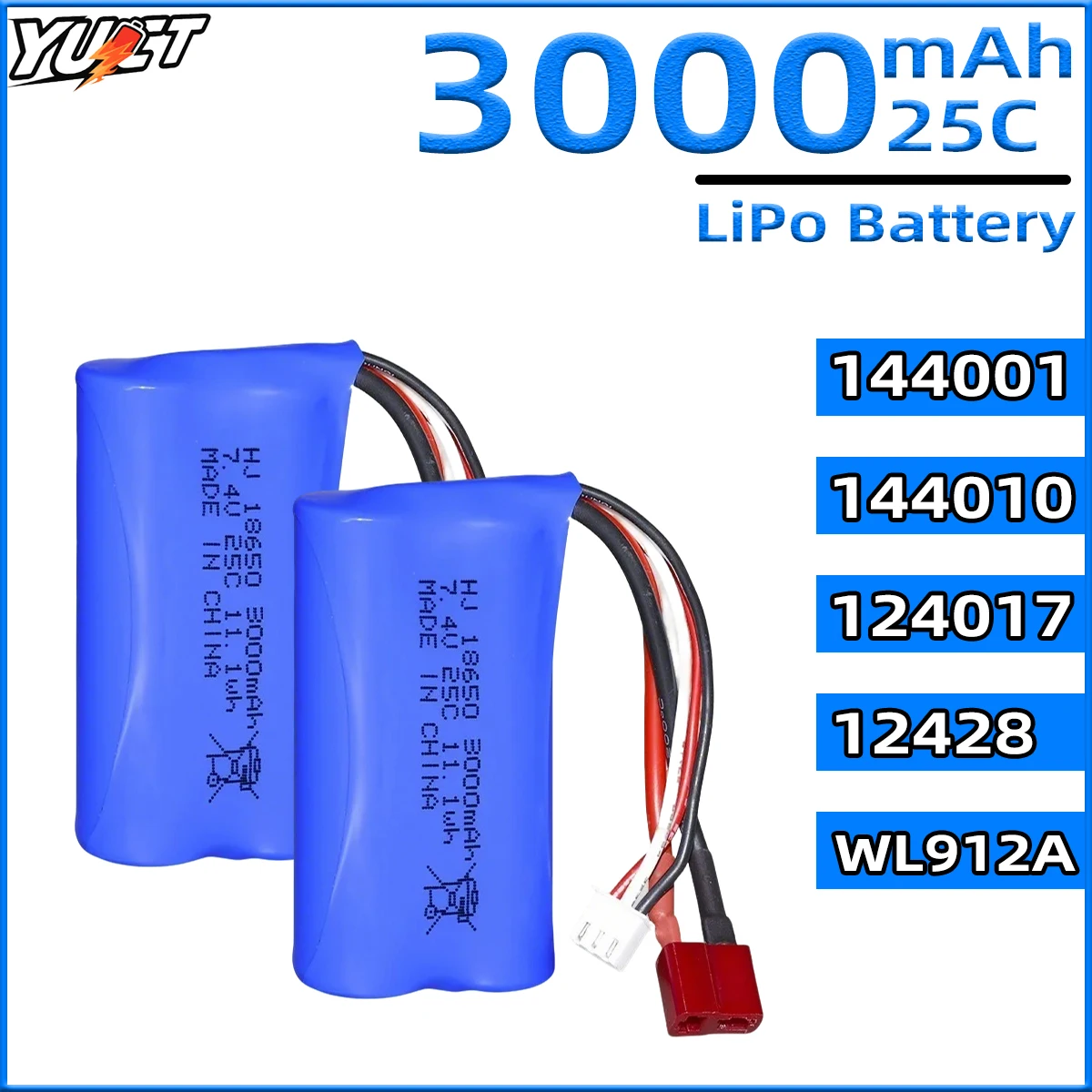 

YUCT 7.4V 3000mAh 2S LiPo Battery - High-Capacity Upgrade for WLtoys 12428, 124017, 144010, WL912A RC Cars