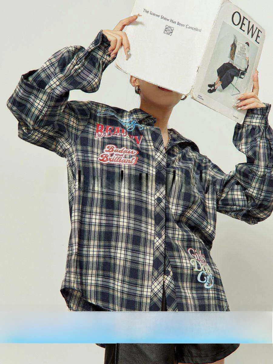 

Chic Floral Plaid irt American Retro Letter Design Asymmetrical Ele Top Zhou Li Wu New Autumn 2024 Women's Busin Cas...