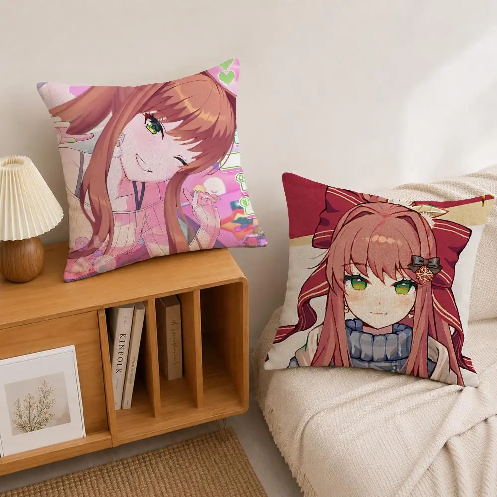 Game Monika (Doki Doki Literature Club!) Cushion Cover Natural Linen Pillowcase Set, All-in-One Decor for Sofa, Bedroom & Chair