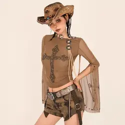 Original Designer Cross Beading Long Flying Sleeve Mesh Slim Blouse Gothic Wasteland Sexy Punk Girls Blouse Shirt Tops Women
