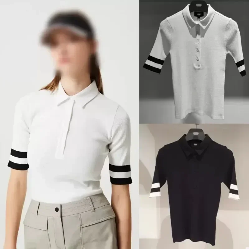 Golf Top 24 Summer Golf Women\'s Polo Neck Logo Half Button Short Sleeve Knitted Shirt Slim Fit Versatile