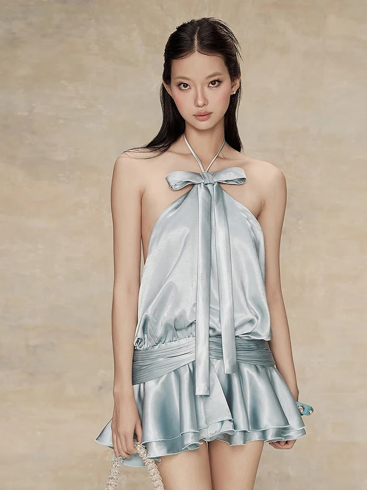 Sisterlinda Kleid mit Schleifen- und Quastendekoration, Damen, gestuft, Neckholder, Bandage, rückenfrei, ärmellos, Satin, süß, elegant, Party, Mini, figurbetont – Detail 6