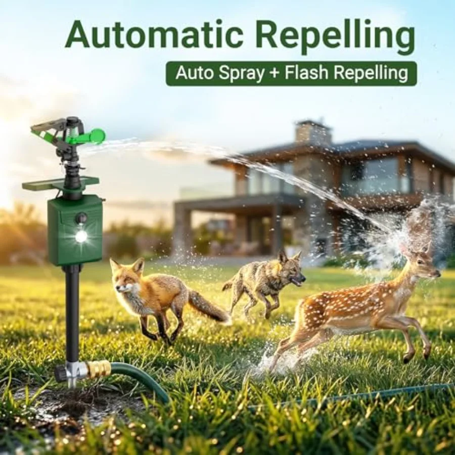 Garden and farmland use: solar-powered motion sensor deer repellent sprinkler with flashing lights, ABS plastic body, white col