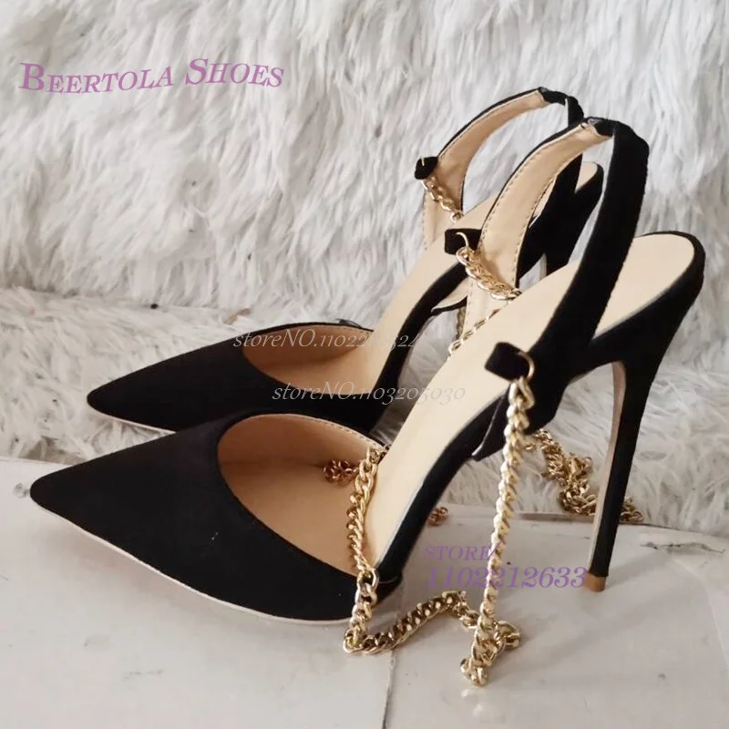 Black Velvet Sexy Chain Heels Woman Pointed Toe Gold Tassel-Tie Pump Slingback Lace Up Sandals Elegant Bling Office Dress Shoes