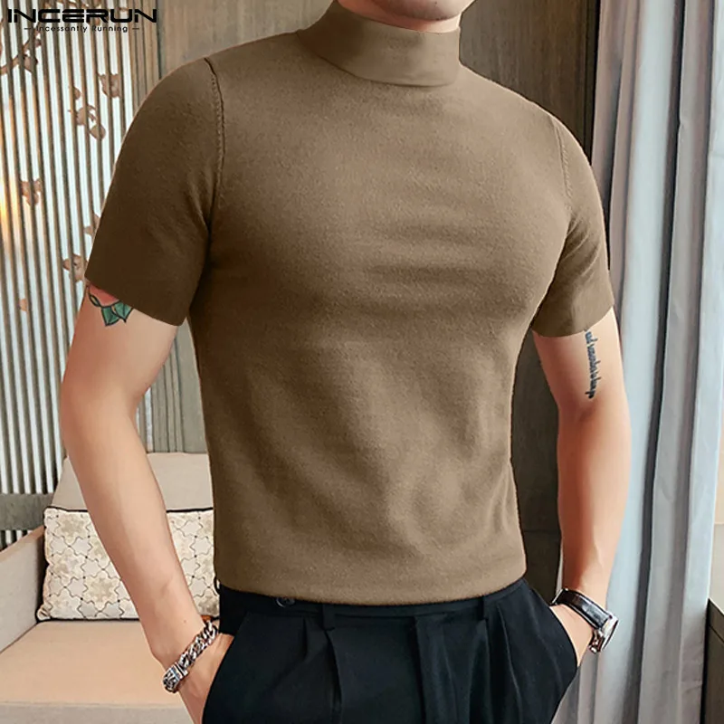 2024 Men's T Shirt Solid Turtleneck Short Sleeve Streetwear Stylish Casual Tee Tops Summer Fintess Korean Men Clothing INCERUN