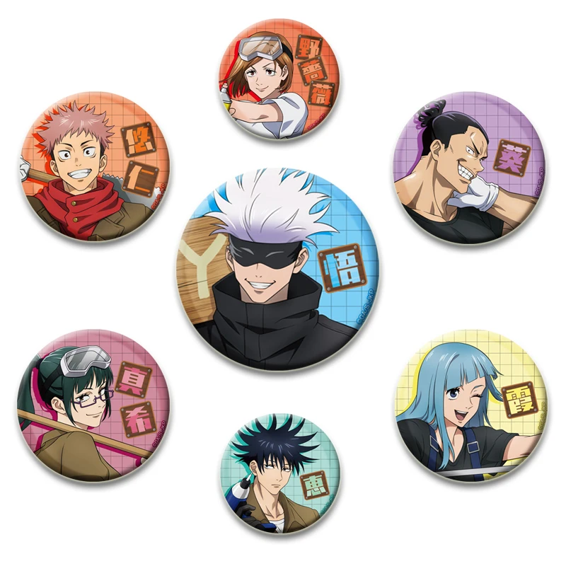 Broches de Anime Jujutsu Kaisen, insignia de cuello de mochila, alfileres de solapa de dibujos animados, regalos de joyería, colecciones de fanáticos, 32/44/58mm