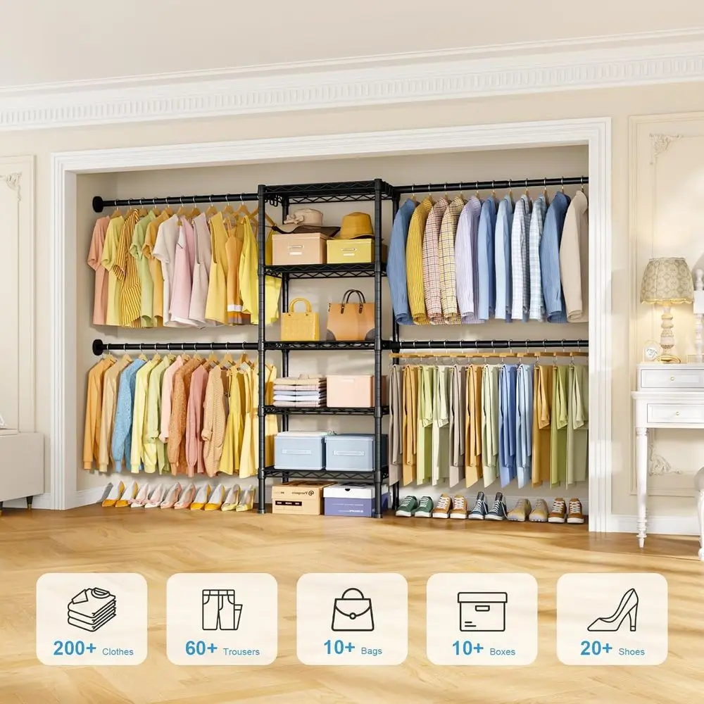 نظام خزانة مثبت على الحائط باللون الأسود مع 4 قضبان شماعات و5 أرفف، منظم ملابس قابل للتعديل (70.8-102.3 لتر × 14.5 عمق × 71.2 ارتفاع)