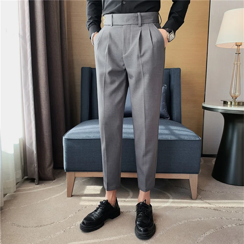 British Style Twill Pleat Design Naples High Waist Casual Trousers Fashion Man Slim Simple Social Party Suit Pant Plus Size 38