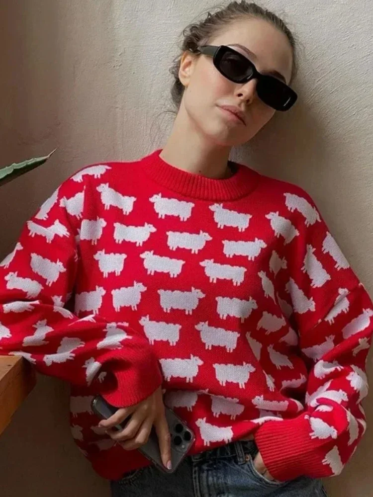 

New in Winter Women's Sweaters Thick Warm Printted Long Sleeve Tops Loose O Neck Pullover Knitwear Oversized Knit Jumper Female