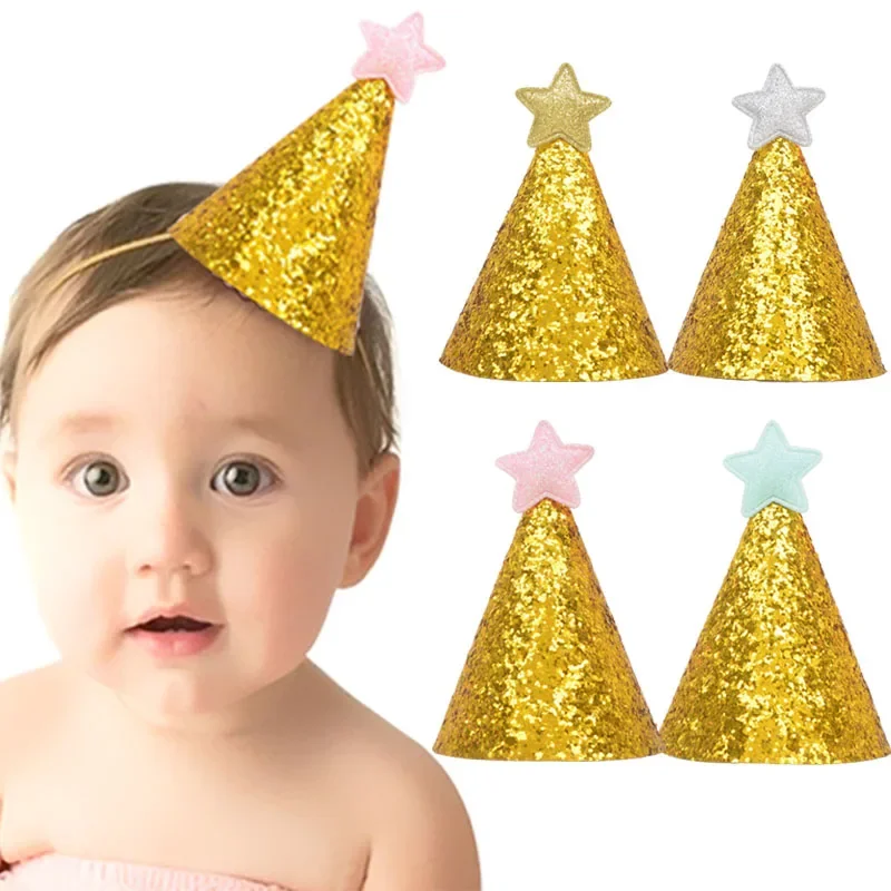 2Pcs Glitter Star Birthday Hat Kids Boys Girls Headband Baby Shower Birthday Wedding Anniversary Party Decorative Cap Photo Prop