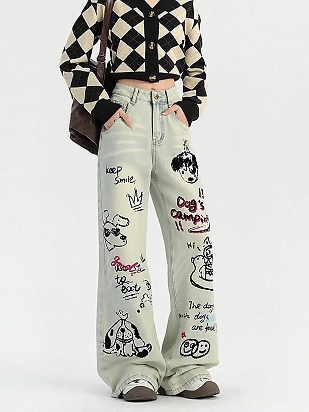 

Женские джинсы с высокой талией, свободного прямого кроя, с граффити, модель 2026, широкие брюки в пол, уличный стиль