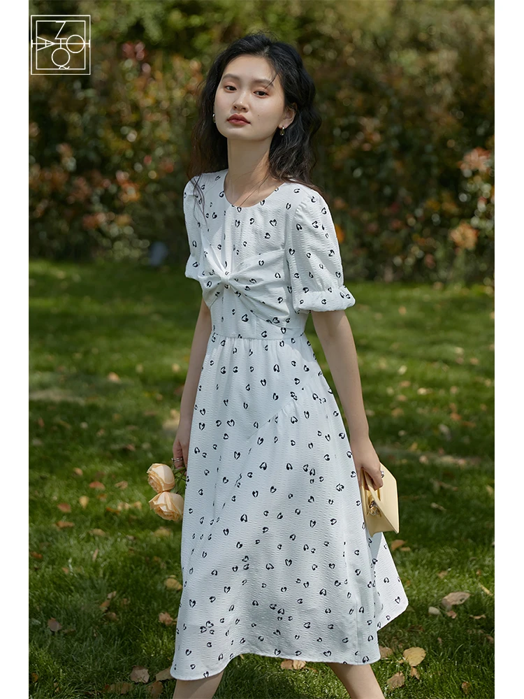 ZIQIAO Love Print Women Dress Round Neck Temperament Slim A-Line Elegant Casual Bowknot Lace Design Sense Summer 2022 New