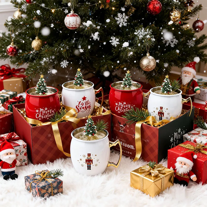 

Christmas Moscow Mule Mug Holiday 350ml Stainless Steel Copper Plated Drinking Cup for Cocktails Beer Party Gift Barware