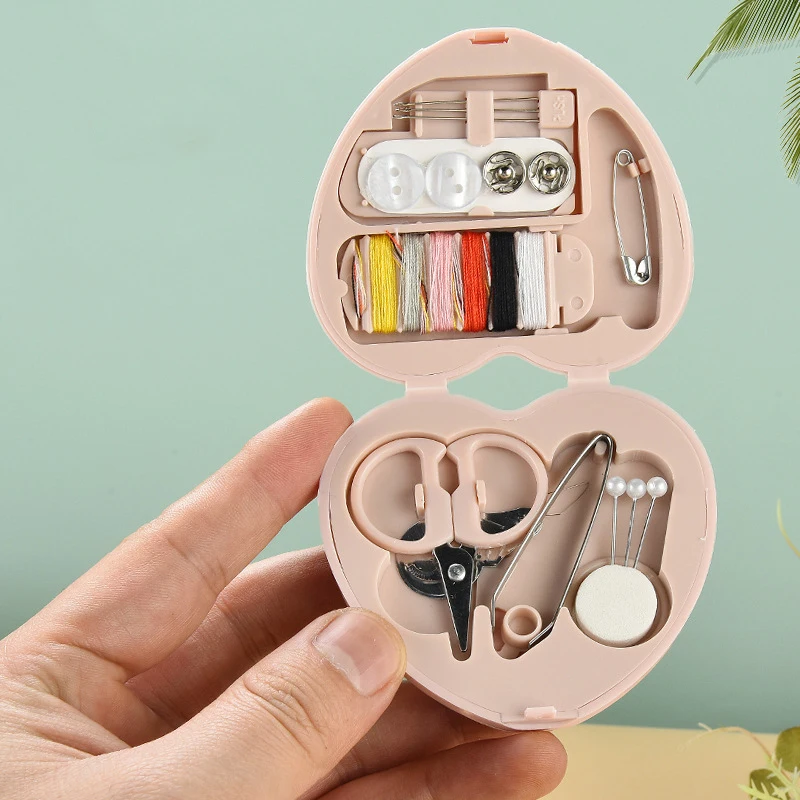 1Box Mini Sewing Box Household Buttons Scissor Pins Heart-shaped Storage Box Portable Travel Sewing Tool Accessor