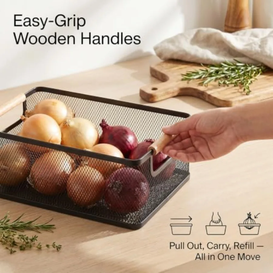 Potato and Onion Storage Bin, Set of 2 Potato Storage Onion Holder with Wooden Handle, Metal Mesh Vegetable Storage Fruit Baske view 3