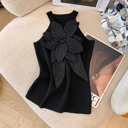 High Quality French Vintage 3D Florals Knitted Vest For Women's Summer New Korean Sweet Y2K Tank Top Lady Fashion Casual T-shirt