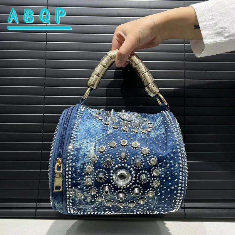 

Shoulder Bag Women's Fashion Denim Washed Cloth Handbag Elegant Diamond Oblique Span Bag Large Capacity Handbag