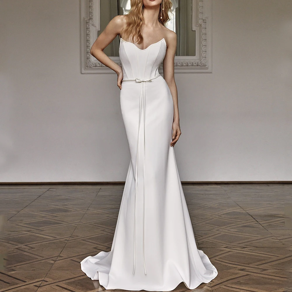 Modern V-Neck Strapless Wedding Dress Sleeveless with Boe Belt Mermaid Floor Length Sexy Open Back Bridal Sweep Train Gowns