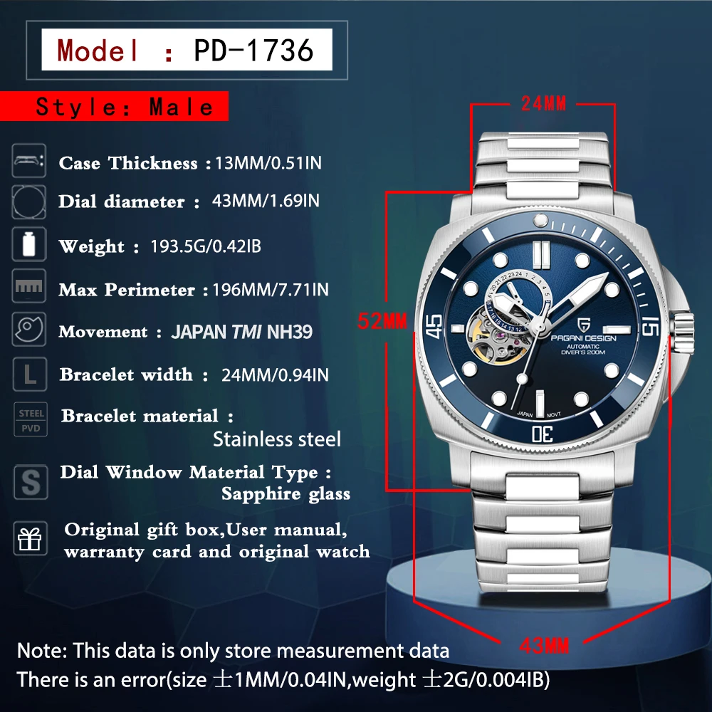 PAGANI DESIGN Luxury Men Mechanical Watch Fashion Sapphire 200M Waterproof Automatic Wacth for Men Timecode Relogio Masculino