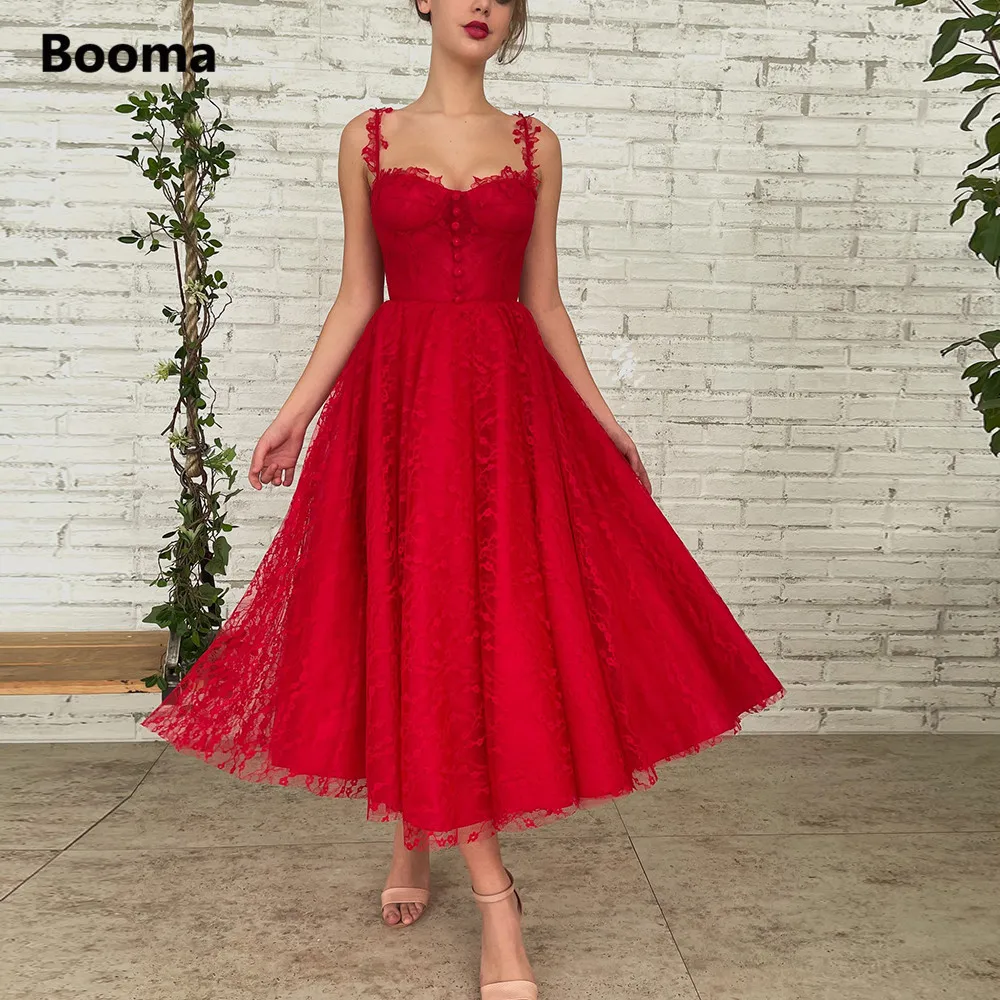 Booma Red Lace Midi Prom Dresses 2022 Spaghetti Straps Sweetheart Buttoned Tea-Length Wedding Party Dresses A-Line Formal Gowns