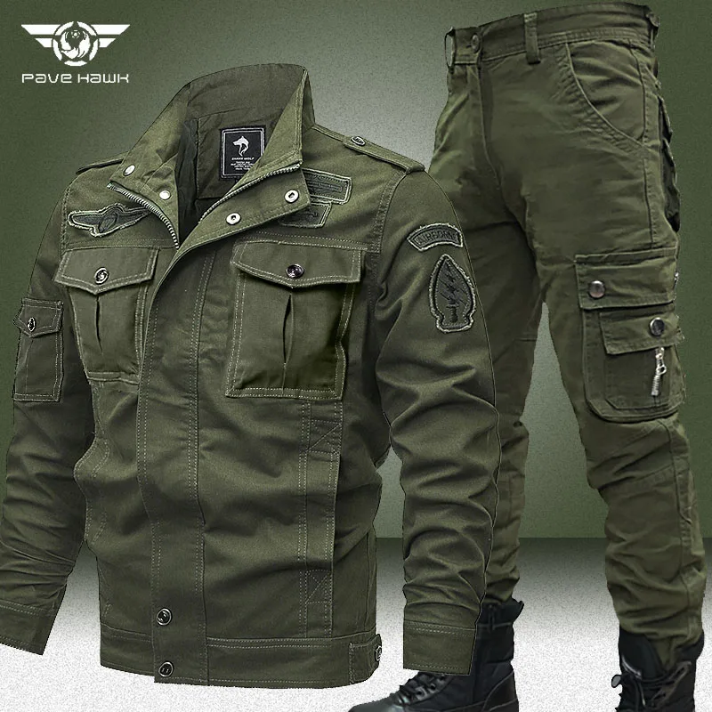 Big Size 6XL Military Sets Men Spring Autumn Military Bomber Jackets+Multi-pocket Cargo Pants 2 Piece Set Windproof Flight Coats