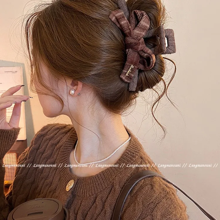 Hair Claw Bow Plaid Back Head Updo Chic Premium Lightweight Fabric Alloy for Women Girls Autumn Winter Daily Party Travel
