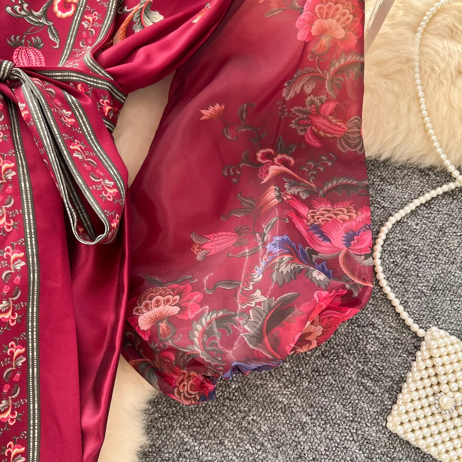 Retro Floral Print Bandage Lace Up Wrap Dress Women Cross V Neck Lantern Sleeve Chiffon Patchwork Thick Satin Long Party Vestido