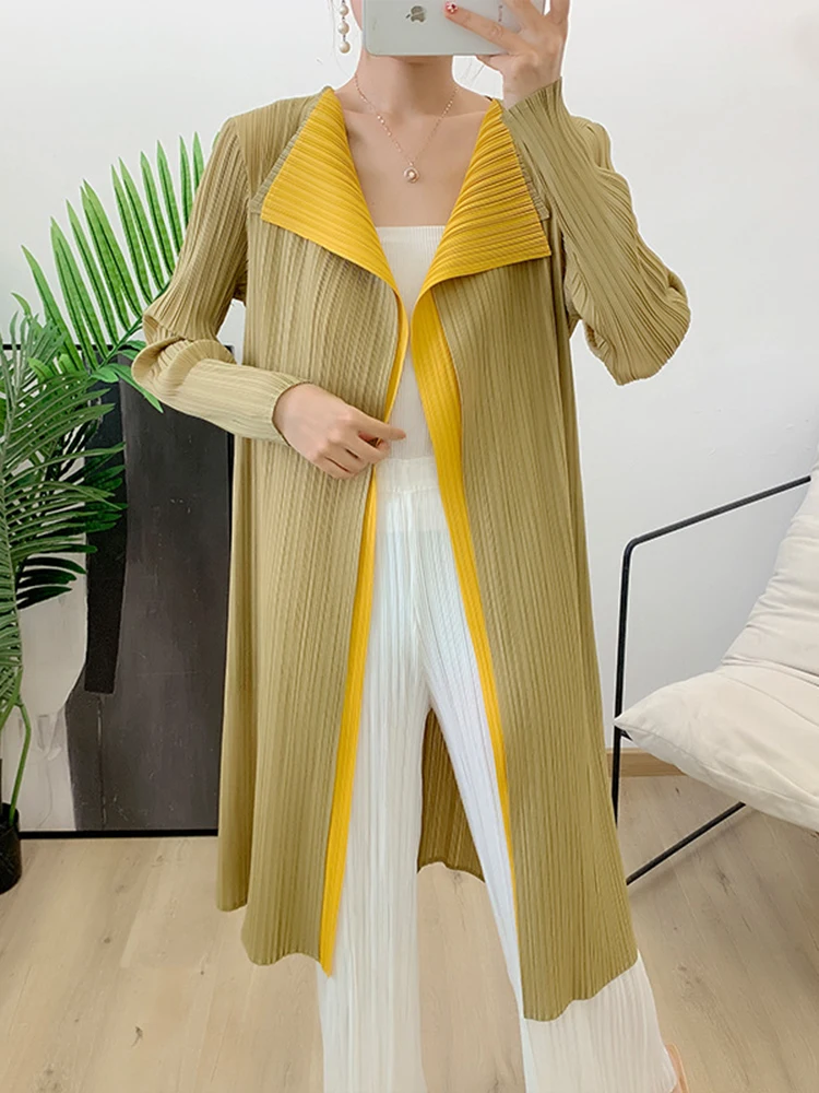 Miyake Double Layer Color Block Pleated Trench Coat Women Long Sleeve Lapel Medium Long Cardigan Elegant Windbreaker Lady