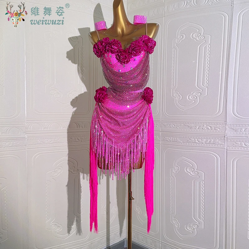 

LatinDance AB Stone Female Adult Children High end Customized Luxury Bright Rose Tassel Strap Black Pool Samba Performance Dress