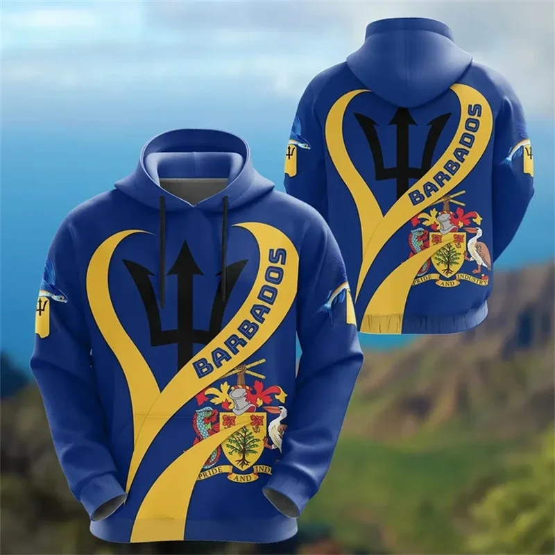 3D Barbados National Flag Printed Hoodies Barbados Coat Of Arms Emblem Graphic Hooded Sweatshirts Mens Clothing Pullovers Hoodie