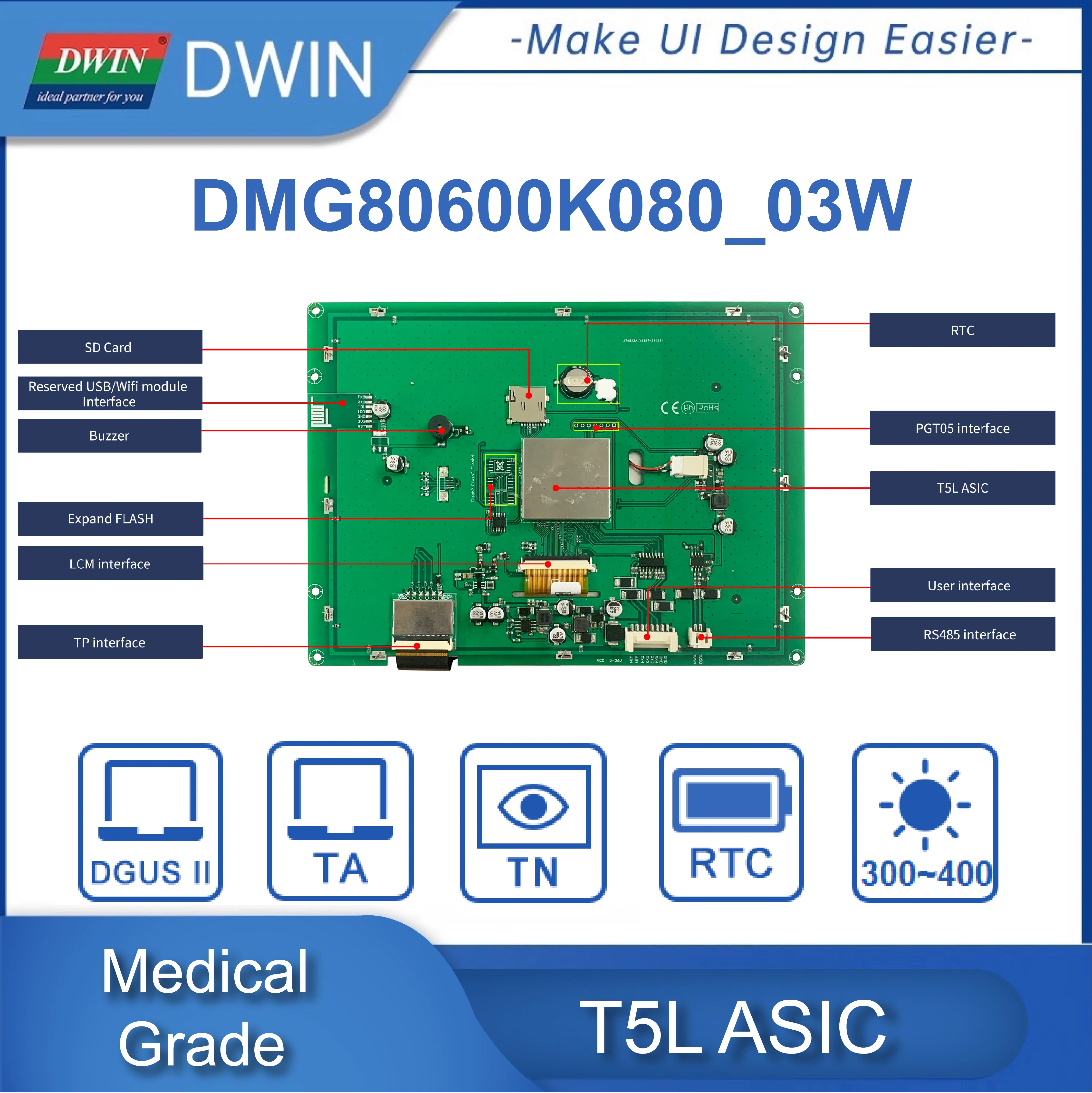 DWIN 8.0 Inch 300-700Nit Medical Grade 800*600/1024*768 Resolution UART Serial RS232&485 TFT LCD Touch Display Module Screen HMI