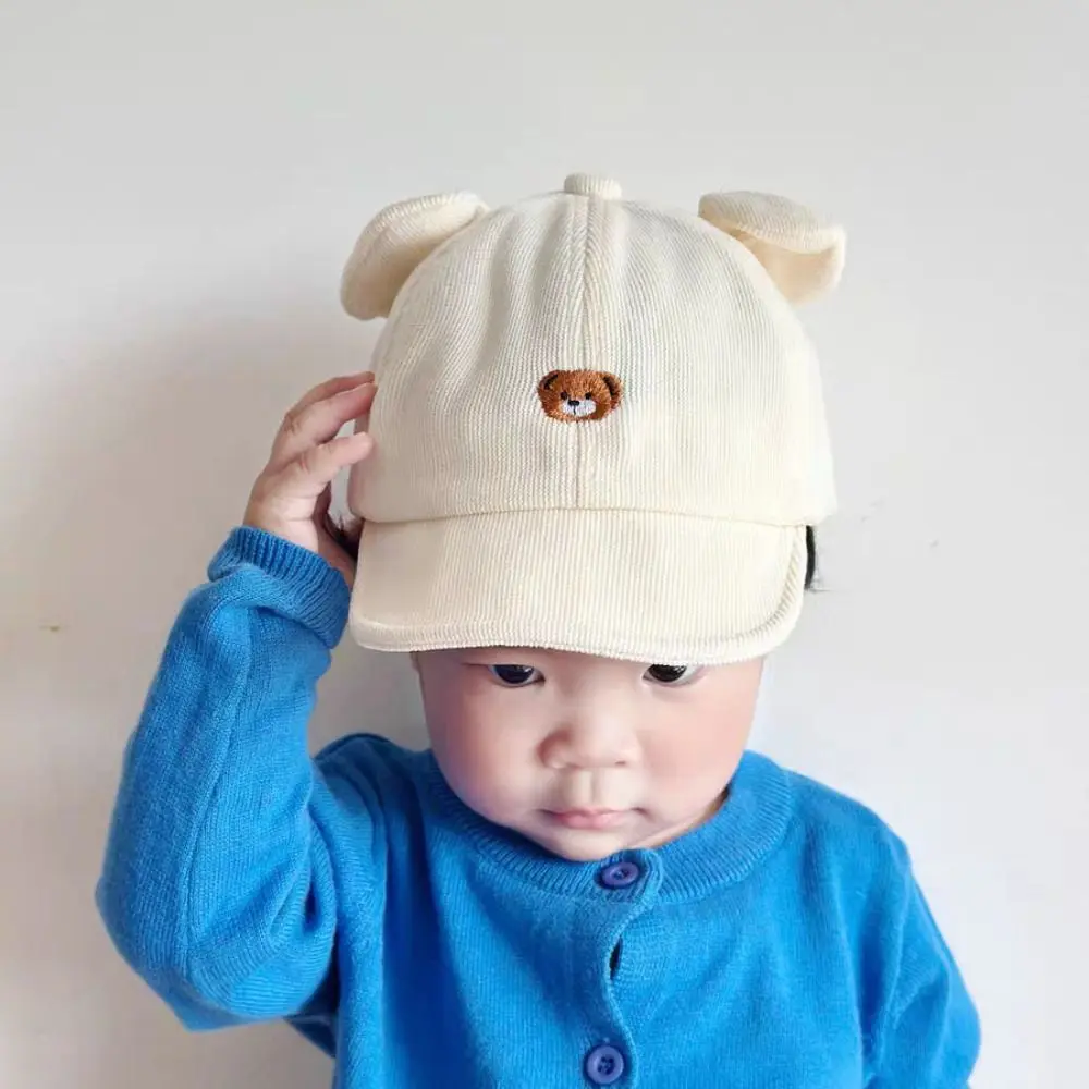 

Fashion Adjustable Kids Fisherman's Hat Cartoon Embroidered Infant Peaked Cap Bear Ear Solid Color Baby Sunhat Winter