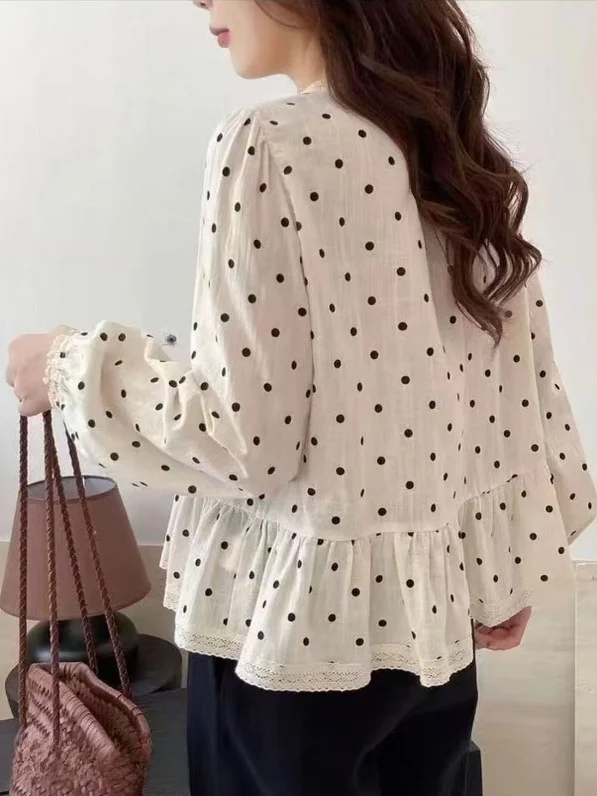 Lente 2026 Grote maat dames irt gingham kant patchwork polka dot lantaarn Sve Doll irt accordeon plooi casual katoen...