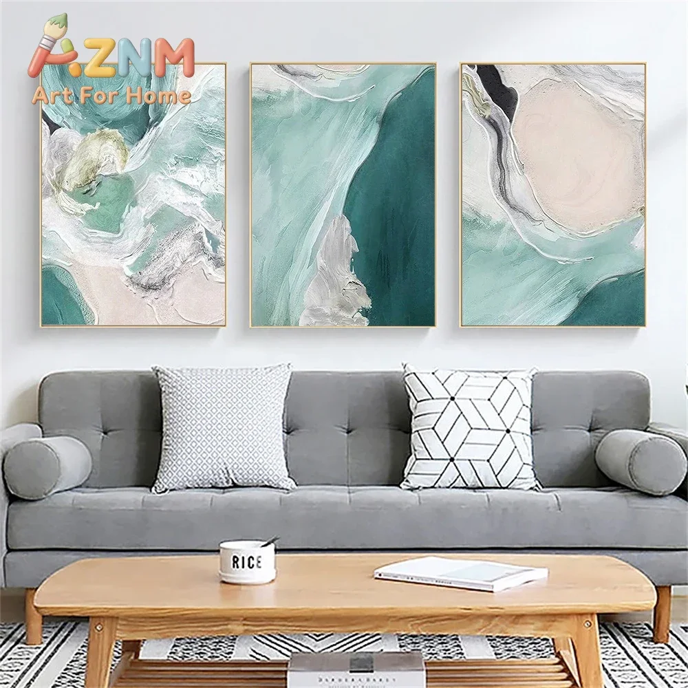 1pc frameless Set of 3 Turquoise Abstract Canvas Wall Art Prints 3-Piece Large Wall Decor Set Contemporary Art Style Posters Liv