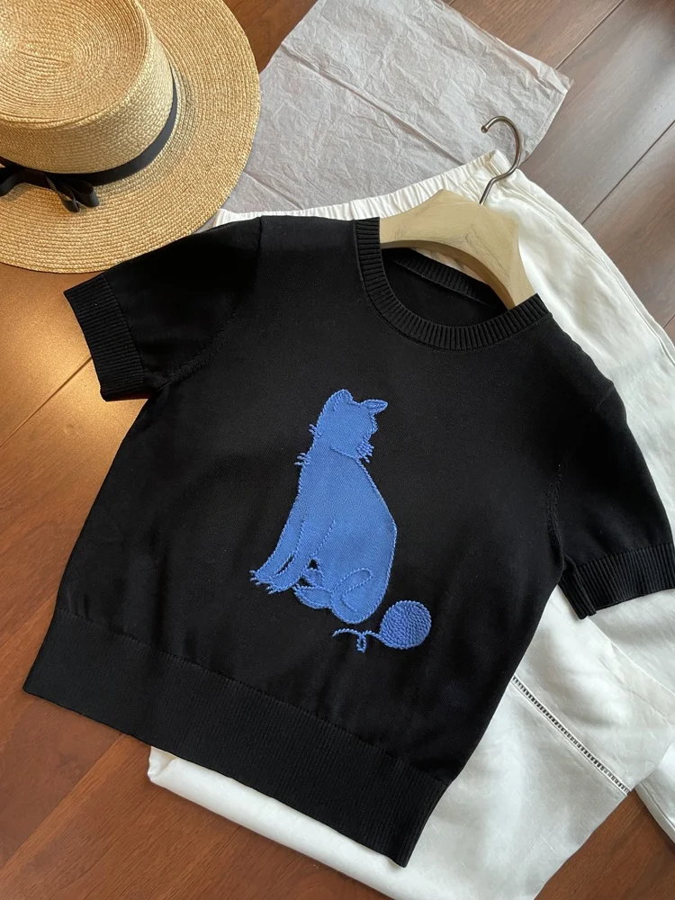 

Skin-friendly Embroidery ort-sved Silk Knitted Sweater Women's round Ne Pullover Summer Faion Casual Top