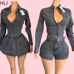 HLJ Sexy Denim 2 Piece Sets Woman Outfit Black Long Sleeve Zipper Crop Jacket Top and Mini Skirt Female Streetwear 2025 New