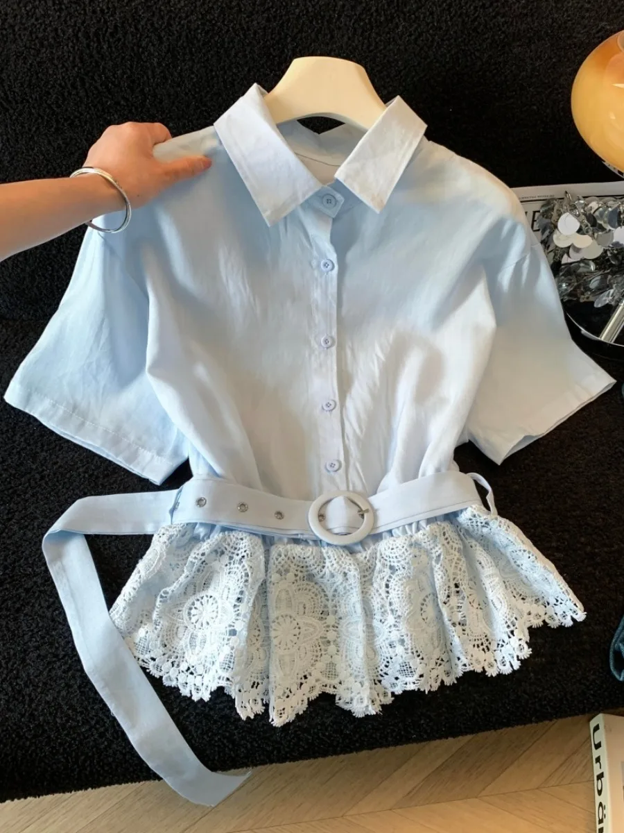 

Stylish Blue Lace Hem Waist Cinching Women's Shirt Beautiful Design Spring Summer Commute Friendly Short Sleeve Blouse
