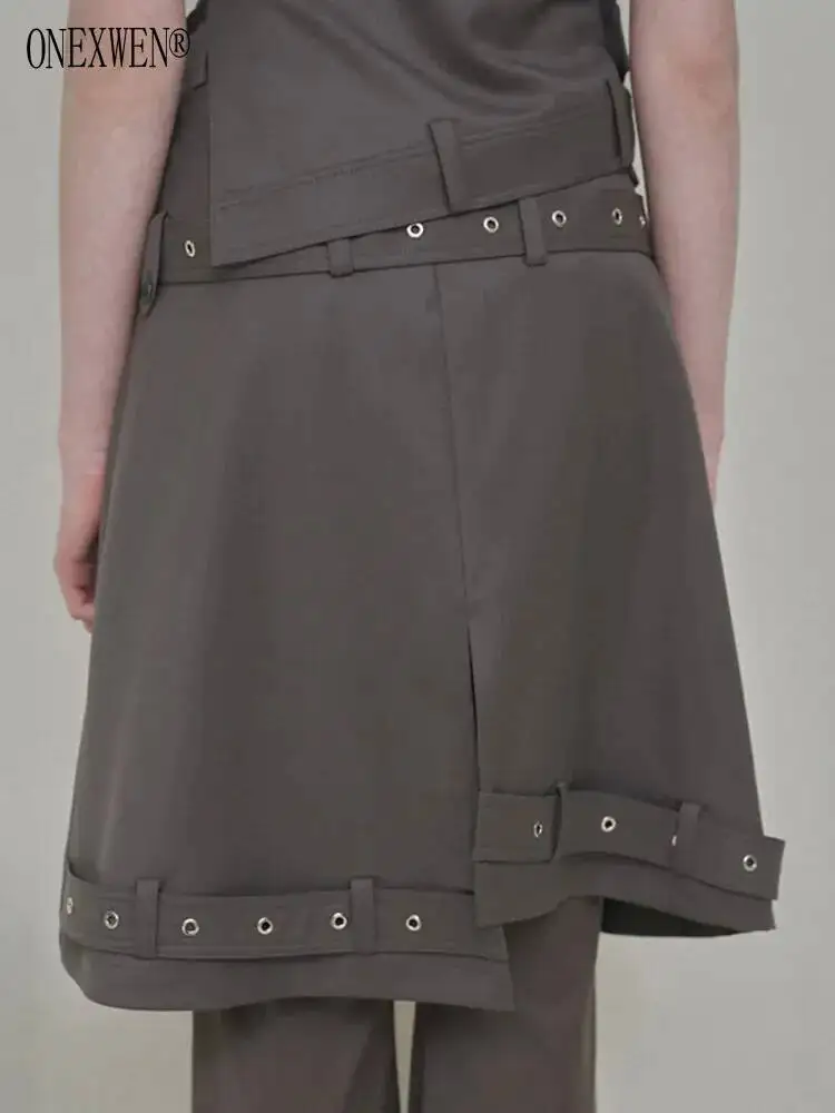 ONEXWEN Chic Skirt Set For Women Dark Grey Trench Wrap Skirt With Double-Breasted Buttons Grommet Belted Skort Outfits ZM5424