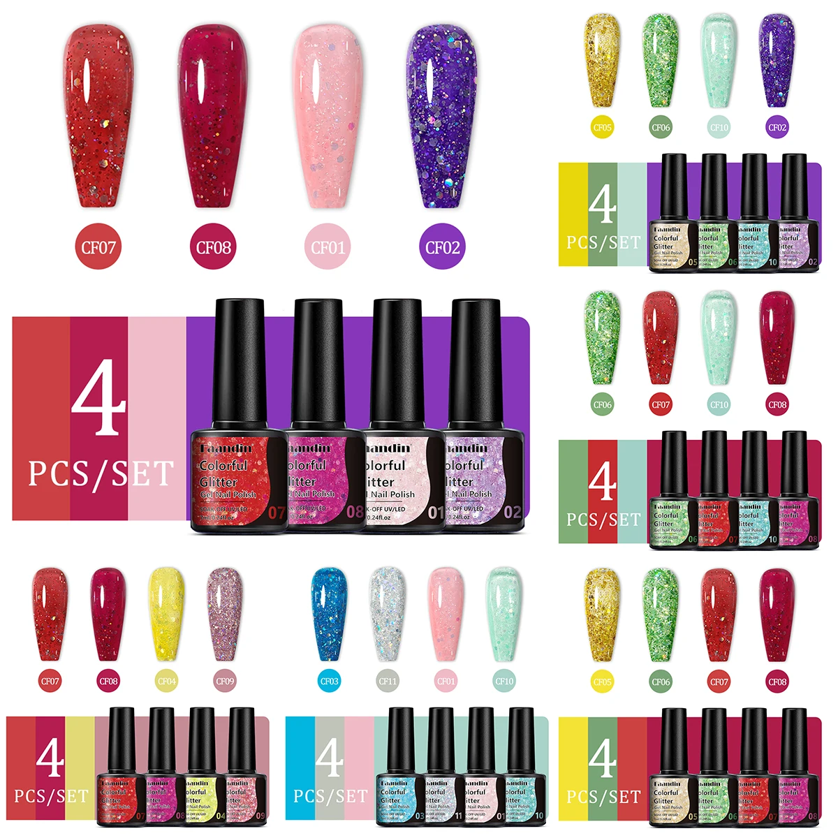 Faandin 4Pcs/Set 7ml*4 Pieces, Thicker Application for Better Results, Trendy and Dazzling Large Glitter, Rich Color, Glitter Gel Nail Polish Set, Perfect Gift, Strong and Long-Lasting, Not Easy to Fade, Easy to Apply and Remove, Nail Polish Gel for Dance Parties, Parties, Art Salons, Wholesale Nail Polish Gel for Nail Salons