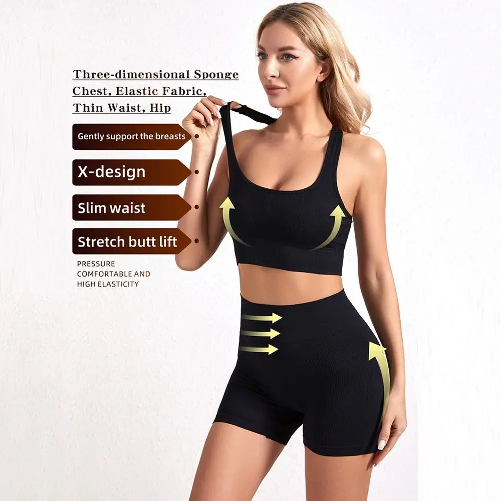 2 Pieces Seamless Workout Outfits Ribbed Sport Bra Crop Matching Active Set High Waist Short Leggings Tracksuit Exercise