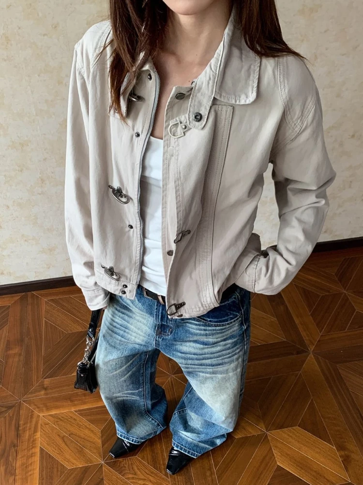 Vintage Deconstructed Design Airplane Button-down Collar Jacket Women High Street Retro Short Worn Out Coat Harajuku Clothes Y2k