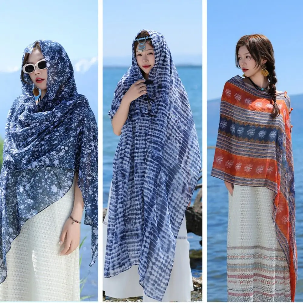 빈티지 태양 보호 민족 스타일 목도리 우아한 꽃 태양 보호 목도리 대형 랩 비치 스카프 야외