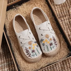 Careaymade-Hot Flats Women Shoes Embroider Retro Lace-up Round Toe Cotton Linen New Handmade Concise Comfortable Ladies Shoes
