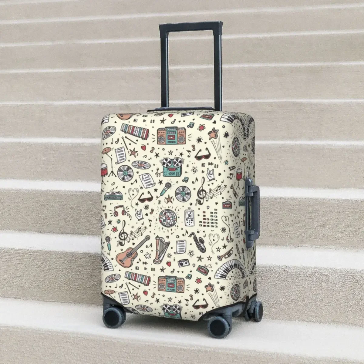 Musical Instruments Suitcase Cover Holiday Retro Doodle Fun Luggage Supplies Cruise Trip Protection